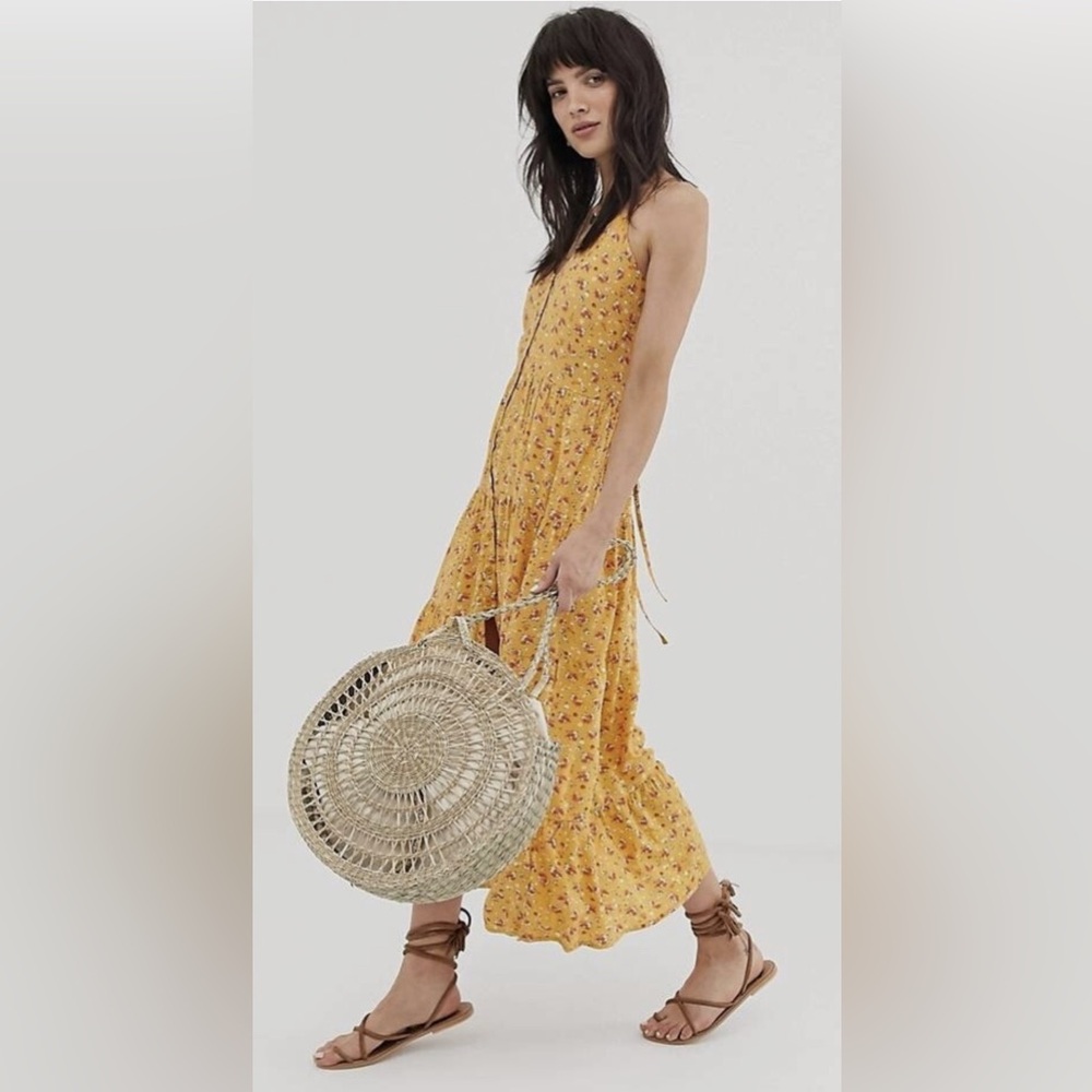 Band of Gypsies BOG Floral Print Yellow Midi Dress Size Small NWT